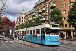 Blue tram in Gothenburg, Sweden. Gothenburg has the largest tram network in Sweden with 160 km of singletrack.