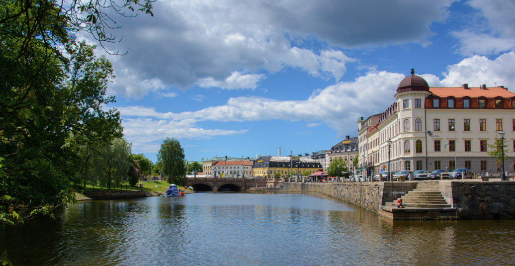 Gothenburg city with bridge and parks glowing in sun during spring