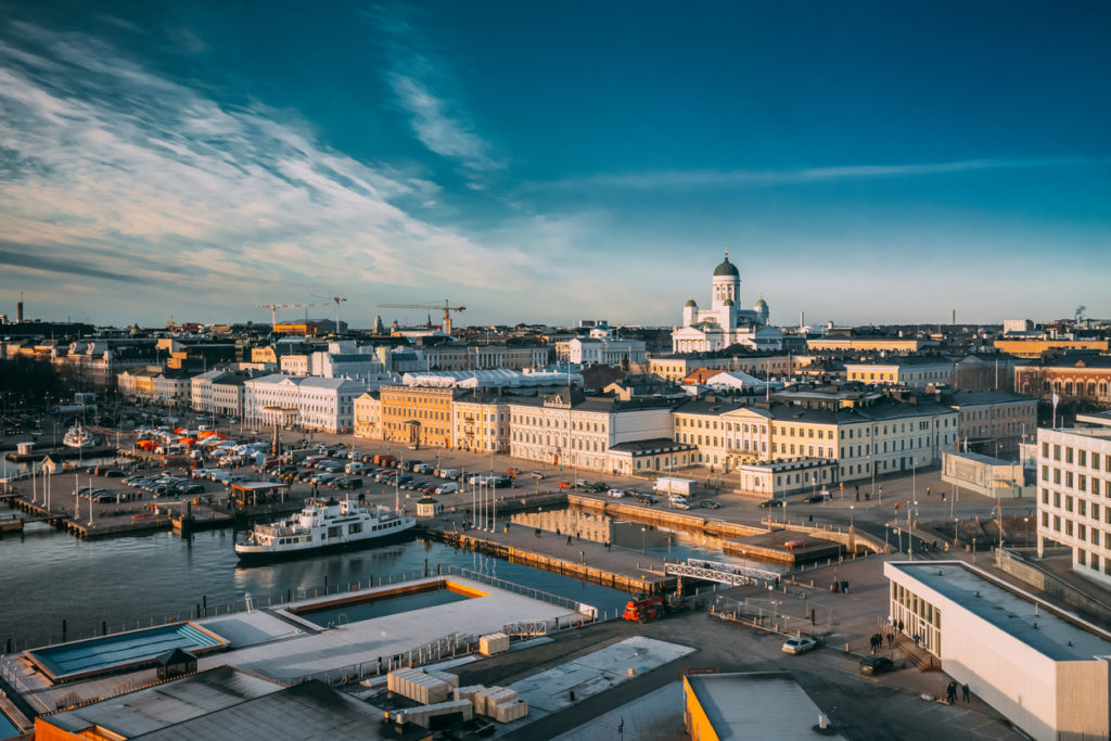 Helsinki, Finland. Top View Of Market Square, Street With Presidential Palace And Helsinki Cathedral.