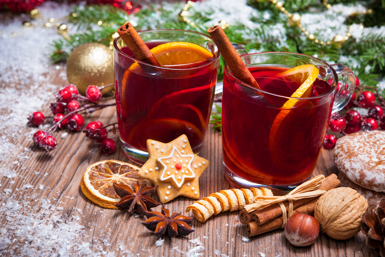 Two glasses of mulled wine with Christmas decoration