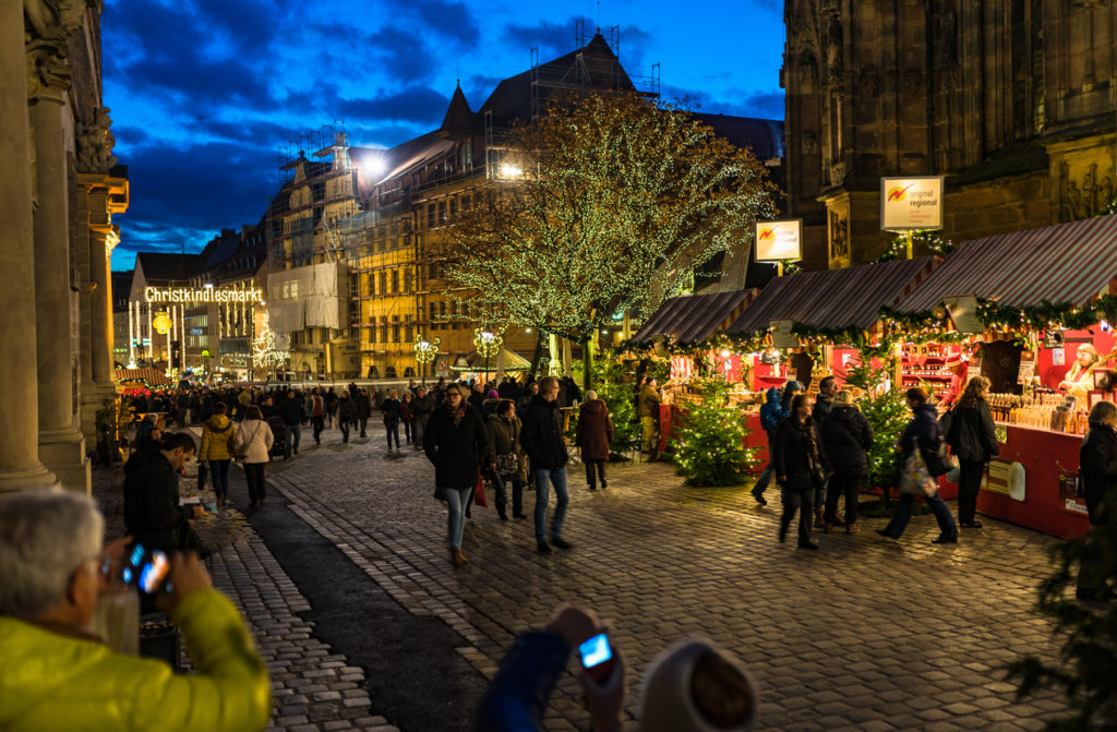 The famous Christkindlesmarkt of Nuremberg at night.