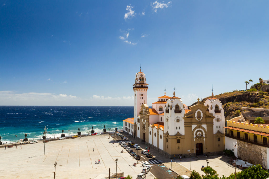 Panorama of Candelaria major square and Basilica Catholic church