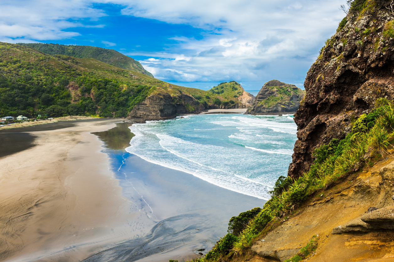 Beautiful Piha beach near Auckland seen from the mighty Lion Rock, New Zealand