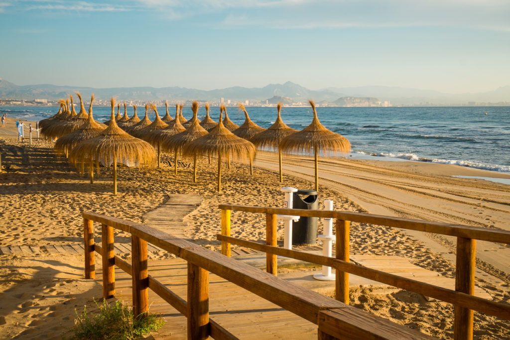 The wooden walkway down to sandy Santa Pola beach, Costa Blanca, Spain