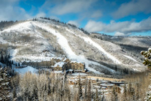 View of the snow covered Montage Hotel at Empire Pass in Deer Valley Utah