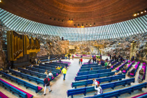 Interior of Temppeliaukio Church. The interior was excavated and built directly out of solid rock.