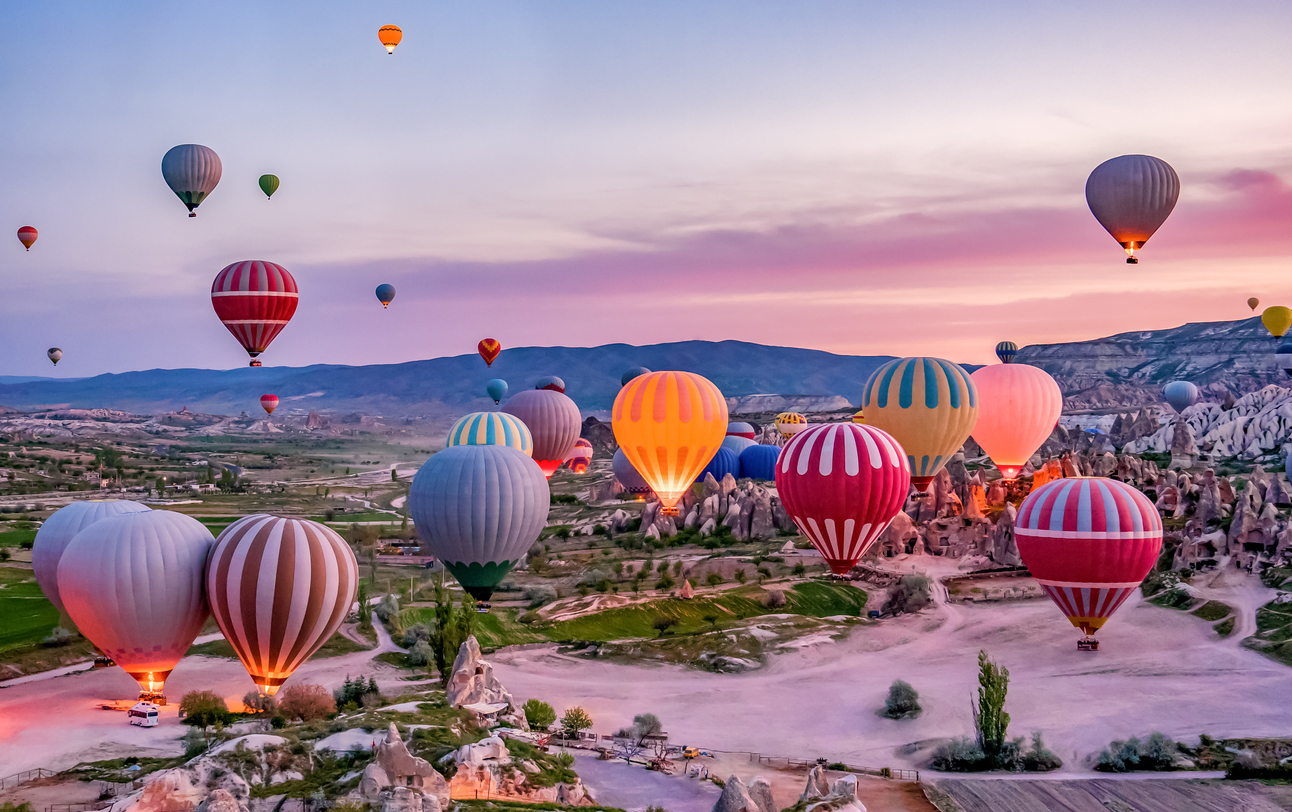 Hot air balloons before launch in Goreme national park, Cappadocia