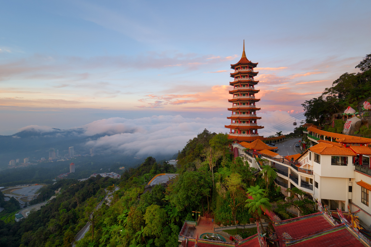 Beautiful sunrise view at the Chinese Chin Swee Caves Temple in Genting Highlands. It's a famous public tourism spot in Malaysia.