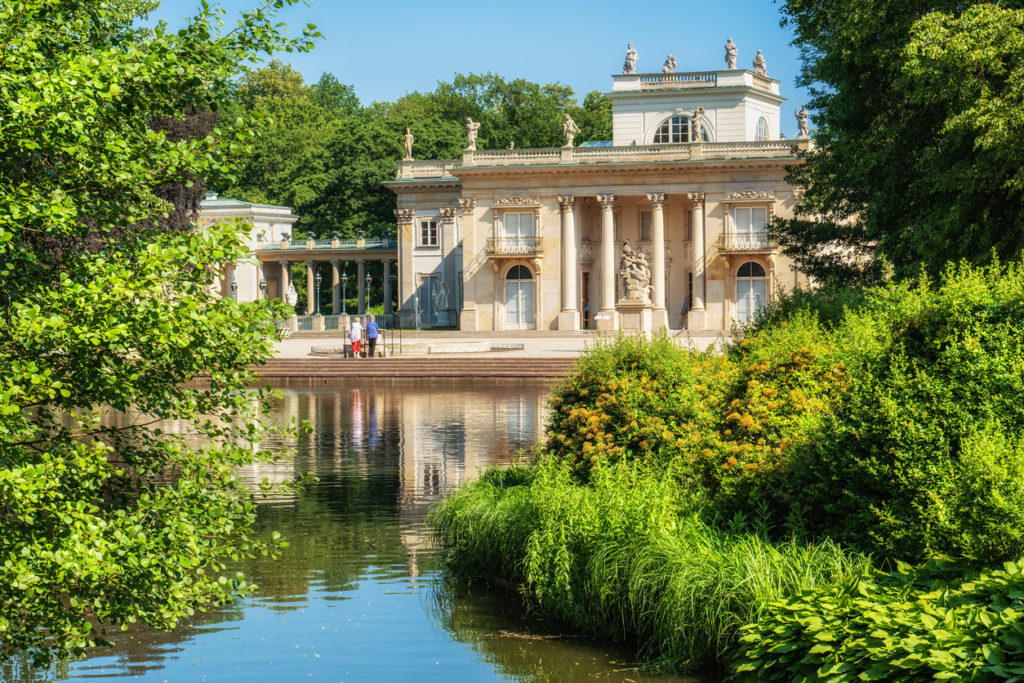 Lazienki Park with lake in city of Warsaw in Poland.