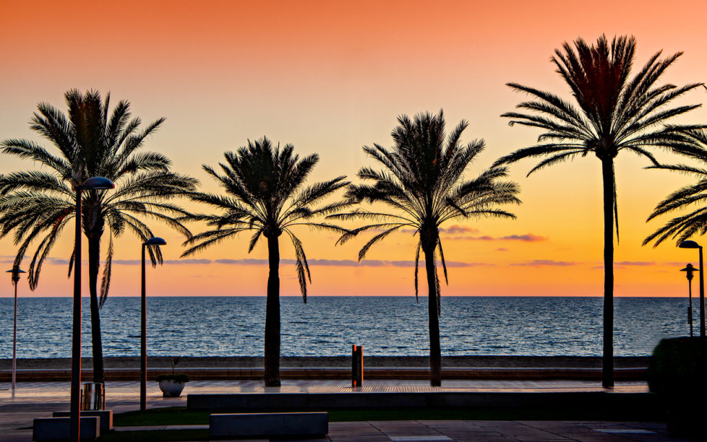 Mediterranean beach sunset in the beach of El Zapillo in Almeria, Andalusia, southern Spain.