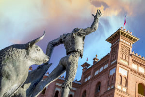 Bullfighter sculpture in front of Bullfighting arena Plaza de Toros de Las Ventas in Madrid