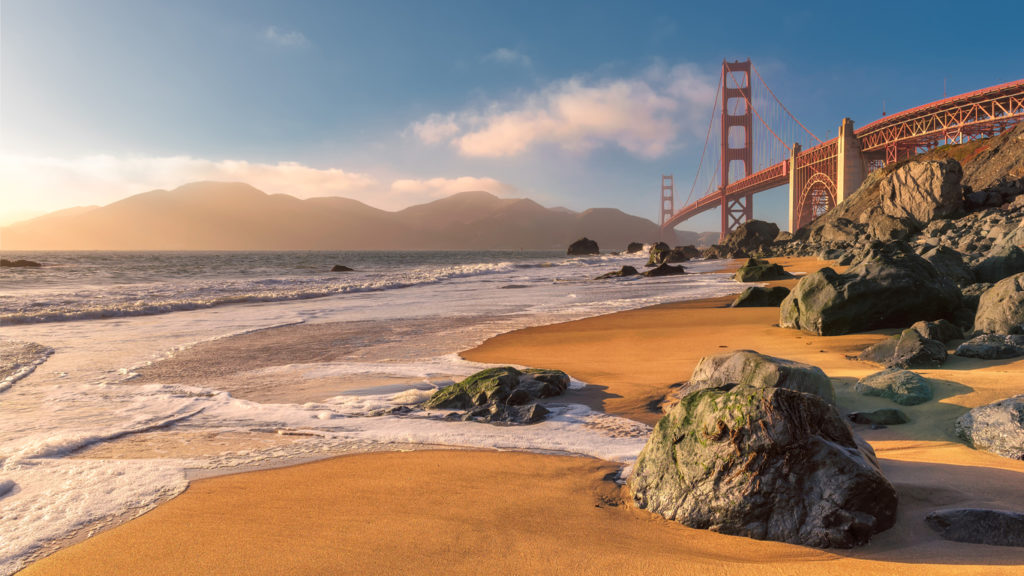 Beach and Golden Gate Bridge at Sunset in San Francisco