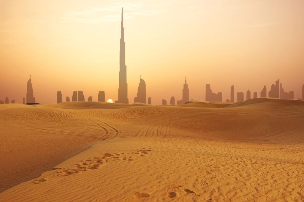 Dubai City Skyline At Sunset Seen From The Desert Pure Vacations Dubai City Skyline At Sunset Seen From The Desert Pure Vacations