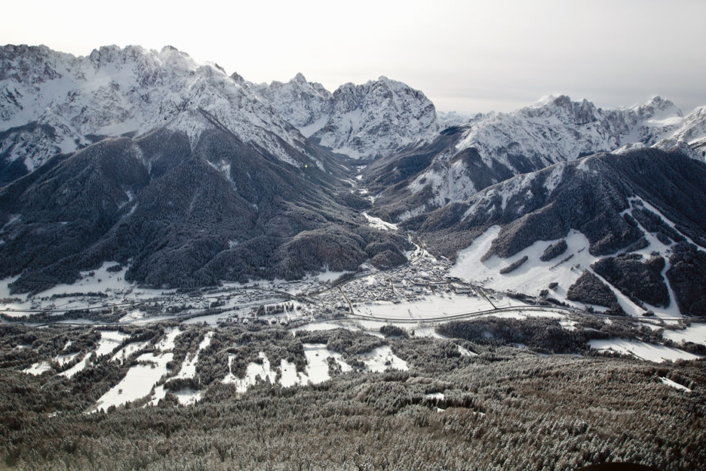 Mountains in Slovenia, Europe. Kranjska gora village with ski resort. Covered with snow in the winter time