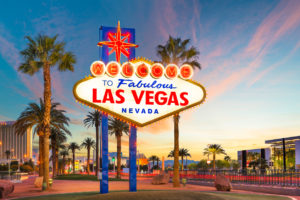 Las Vegas, Nevada, USA at the Welcome to Las Vegas Sign at dusk.