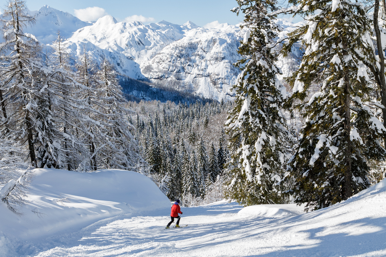 Snowy mountain landscape with the Julian Alps in Slovenia