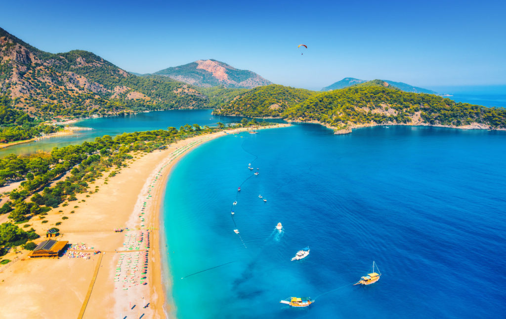 Amazing aerial view of Blue Lagoon in Oludeniz, Turkey.