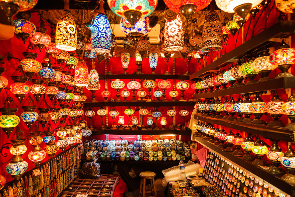 Oriental turkish lamps and lanterns exposed into a red bazaar at Istanbul market