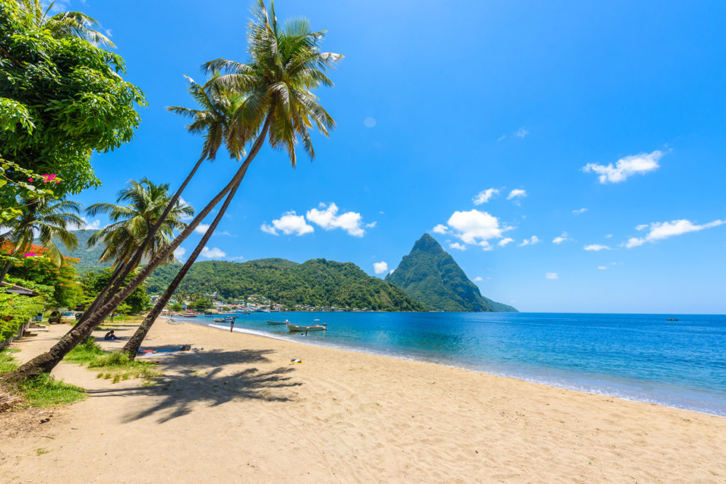 Paradise beach at Soufriere Bay with view to Piton at small town Soufriere in Saint Lucia
