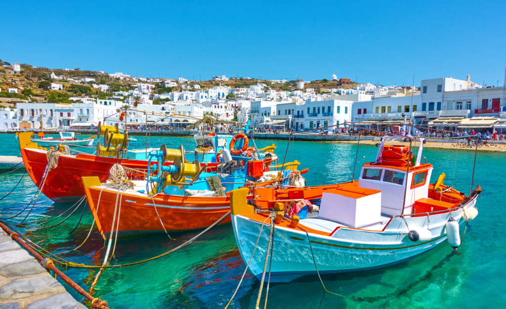 Port with old fishing boats and the waterfront in Mykonos Islang, Greece