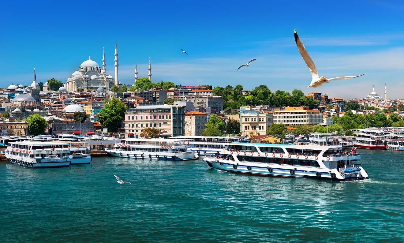 Touristic boats in Golden Horn bay of Istanbul and view on Suleymaniye mosq...