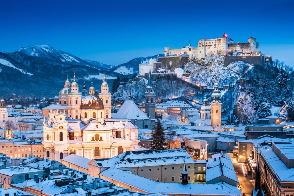 Beautiful view of the historic city of Salzburg with Festung Hohensalzburg in winter