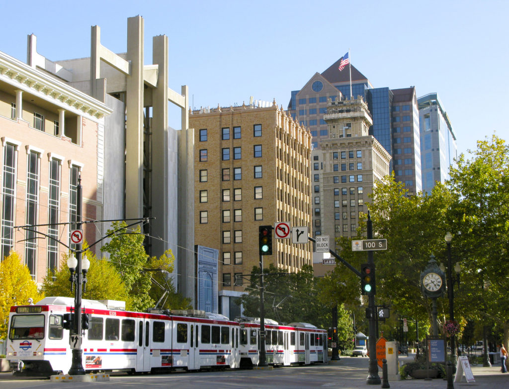 Cityscape with tram in Salt Lake City, Utah