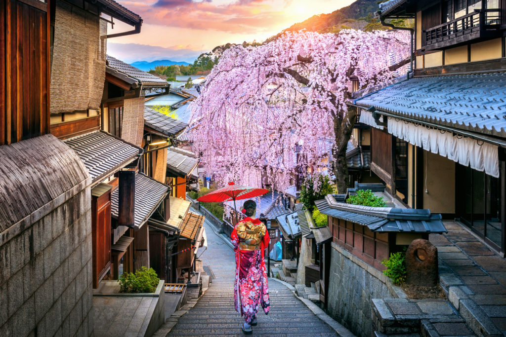 Japanese traditional kimono walking at Historic Higashiyama district in spring, Kyoto in Japan.