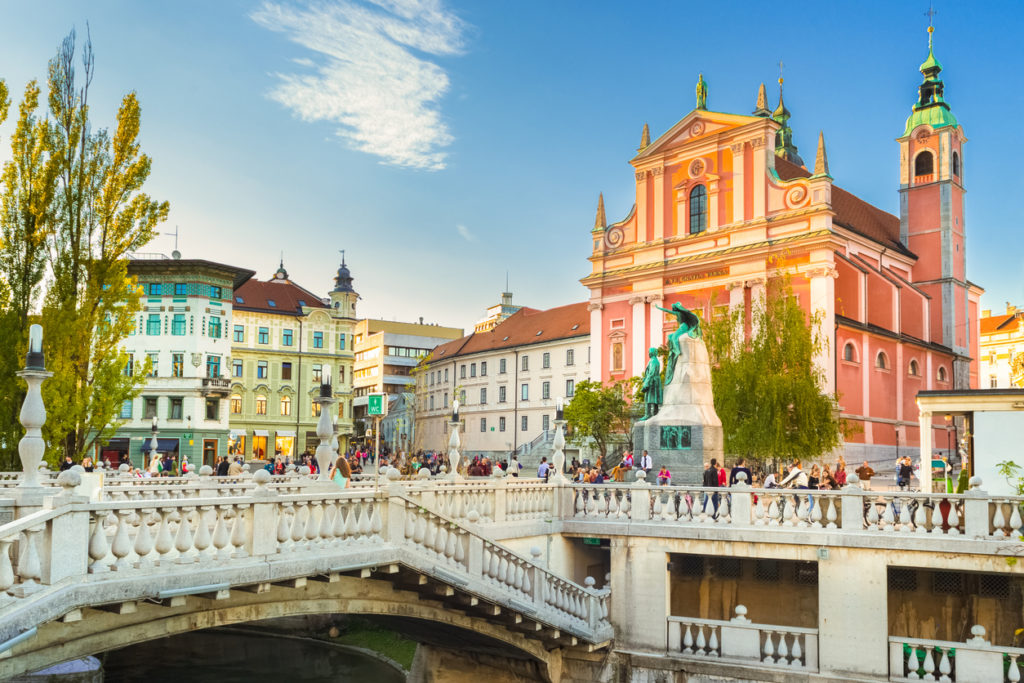 Preseren square and Franciscan Church of the Annunciation, Ljubljana, Slovenia, Europe.