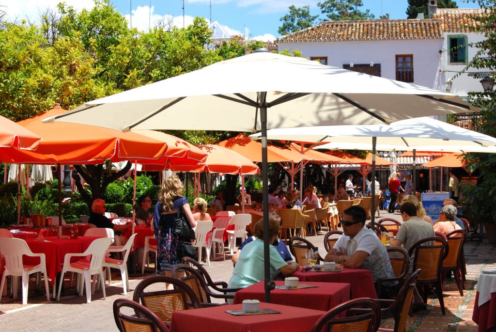 Cafes in Orange Square, Marbella, Spain.