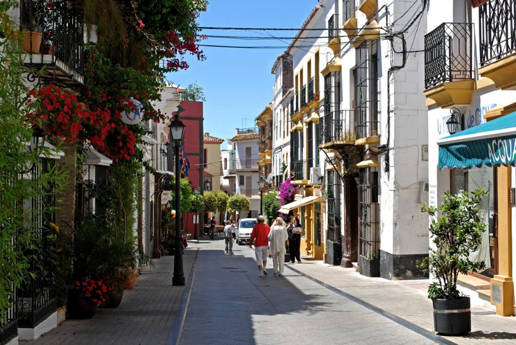 Old town shopping street, Marbella, Spain.