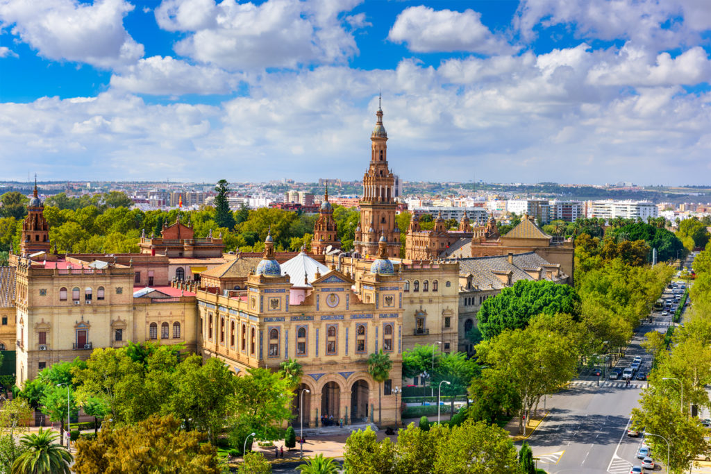 Seville, Spain cityscape with Plaza de Espana buildings.