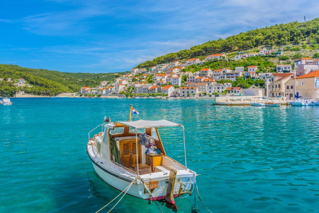 Waterfront view at small picturesque town Pucisca, Island of Brac