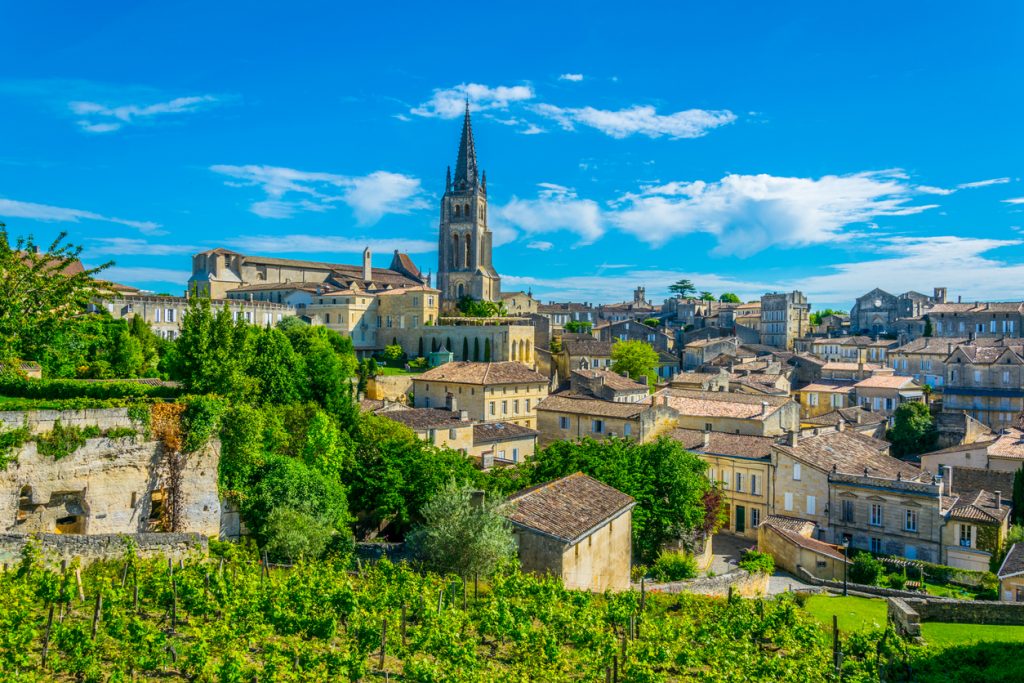 French village Saint Emilion dominated by spire of the monolithic church