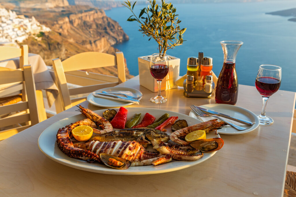 Evening dinner with seafood