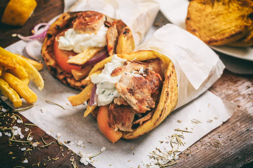 Greek gyros wrapped in a pita bread