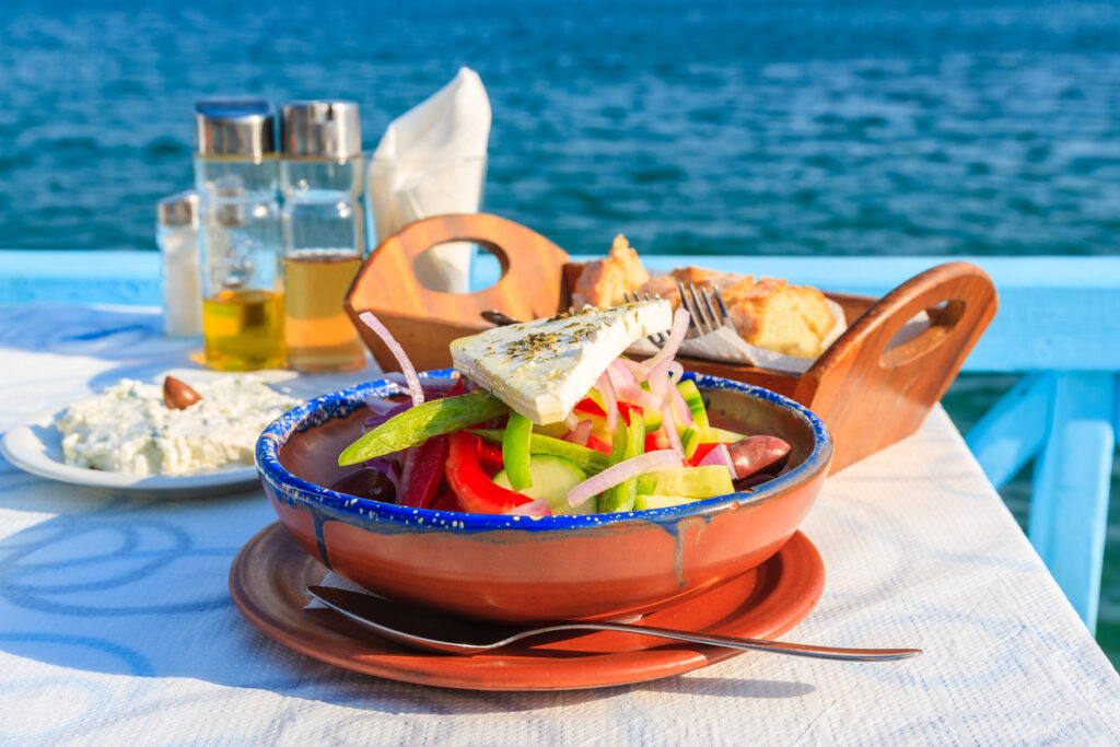 Greek salad on table in Greek tavern