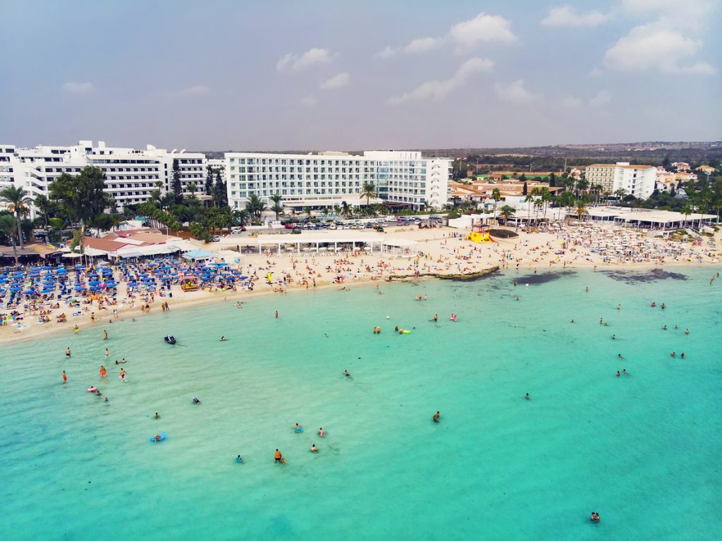 Beach of Ayia Napa with some of the resorts