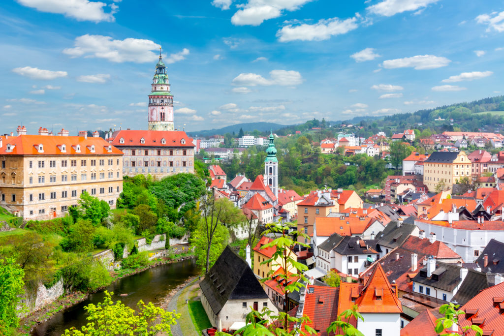Cesky Krumlov cityscape with castle and old town, Czech Republic