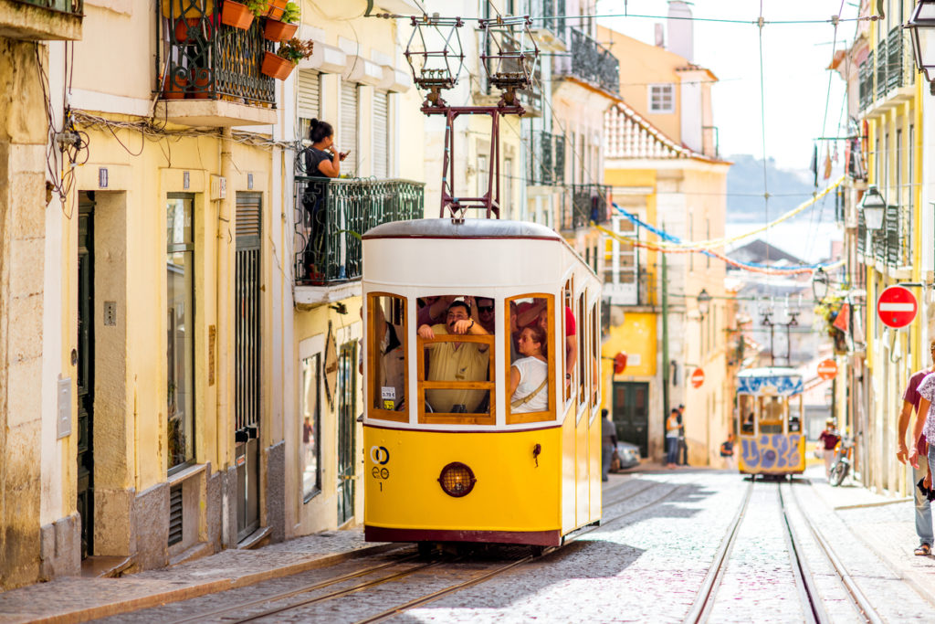 Famous yellow funicular on the Bica street in Lisbon