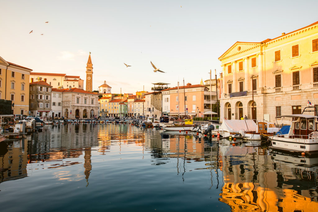 Piran town at the sunset