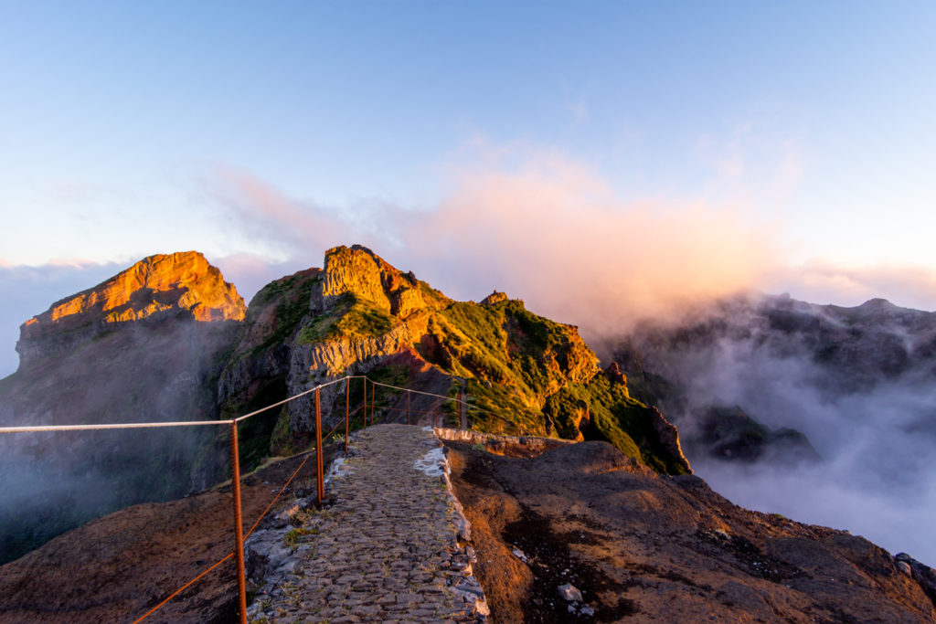 Starting pathway to Pico Ruivo peak at golden hour, Madeira