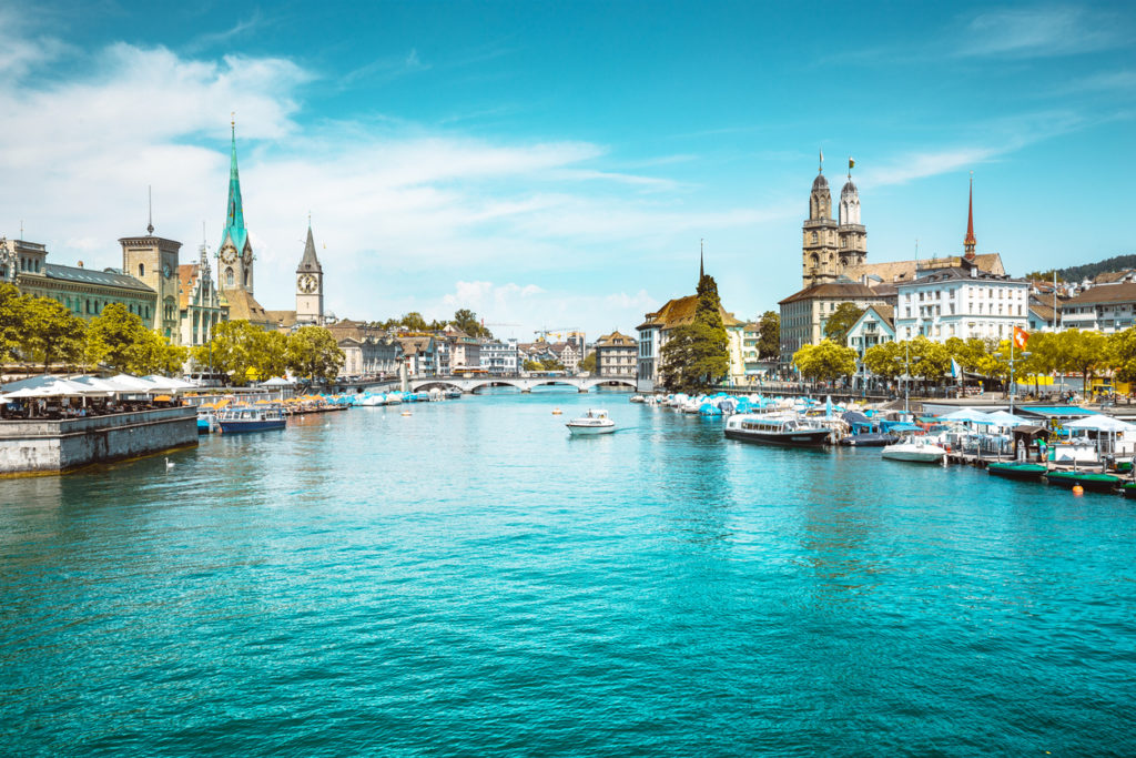 Zurich city panorama with Limmat river in summer