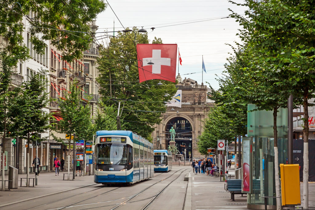 Zurich shopping street Bahnhofstrasse with tram