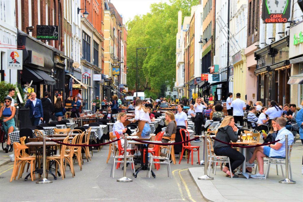 Bar and restaurant outdoor street seating in Soho, London