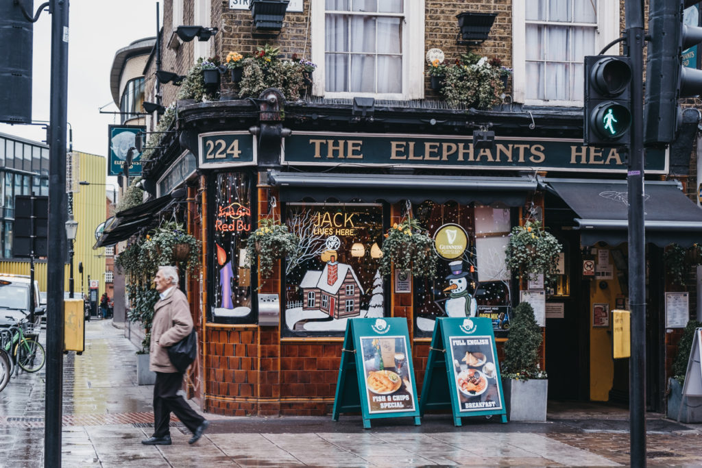 Facade of The Elephants Head pub in Camden, London