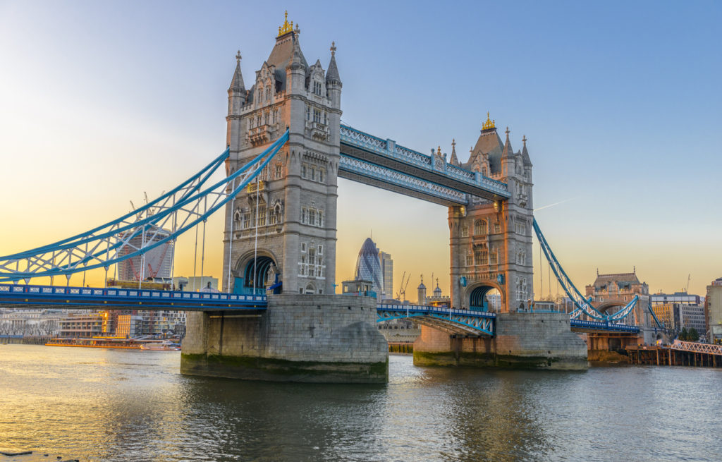 Famous Tower Bridge at sunset, London, England