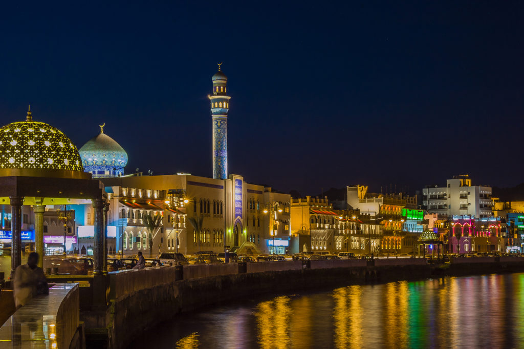 Night view of the corniche in Muscat, Oman