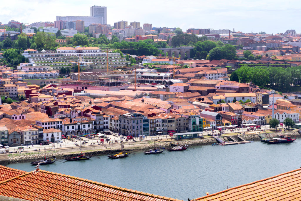 View to Porto wine cellars on Diogo Leite Avenue in Vila Nova de Gaia city