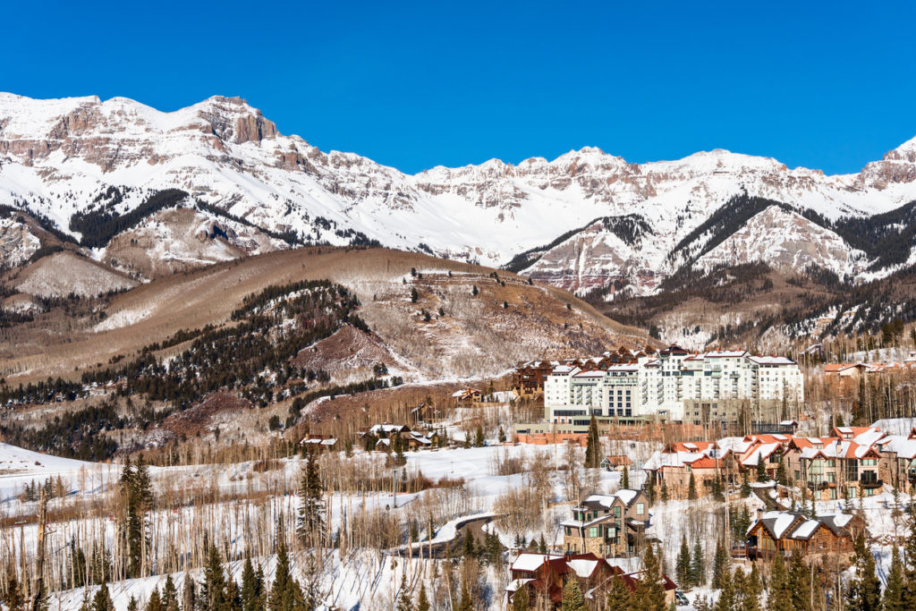 Scenic view of the San Juan Mountains and Mountain Village in Telluride, Colorado